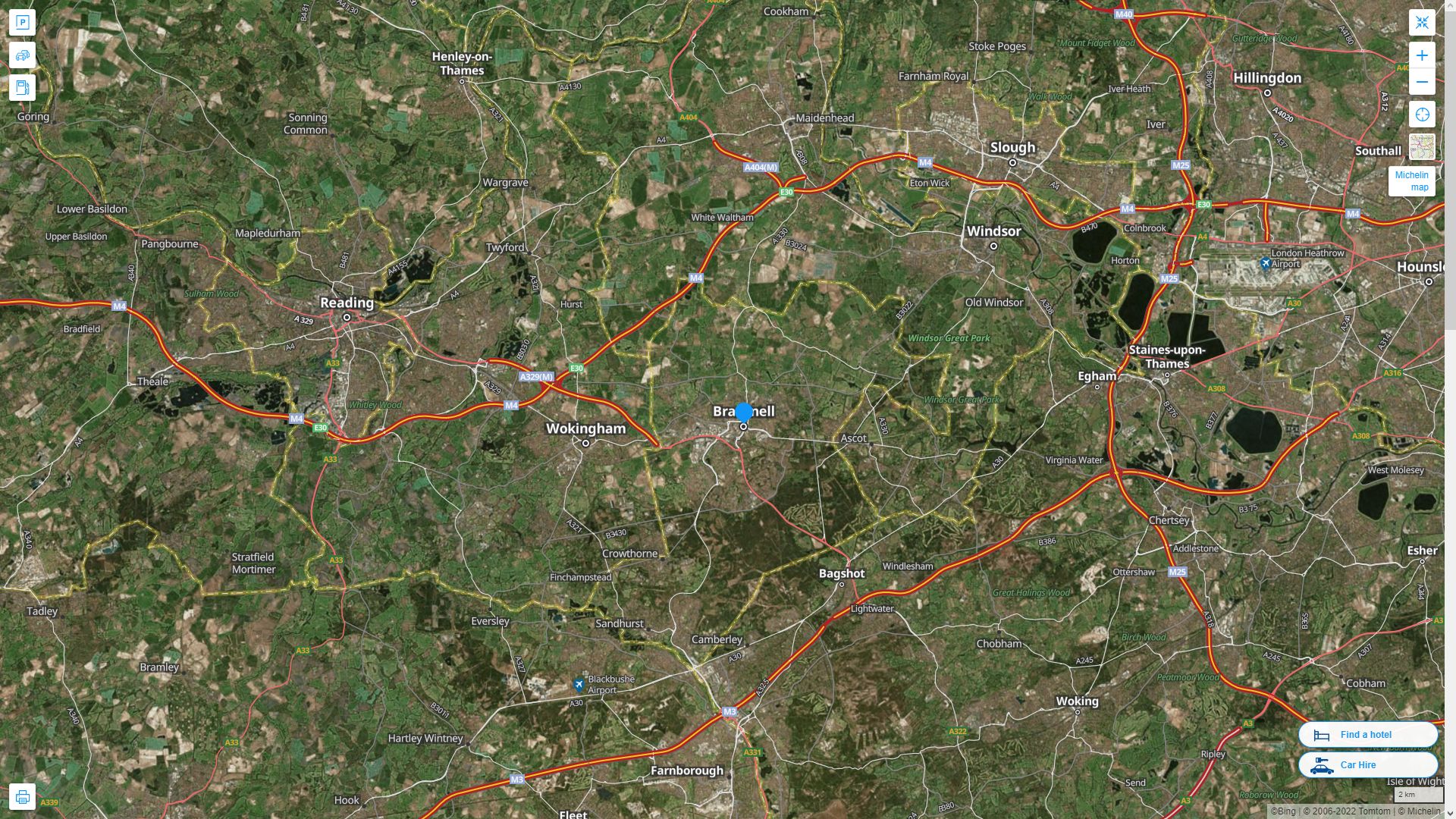 Bracknell Royaume Uni Autoroute et carte routiere avec vue satellite